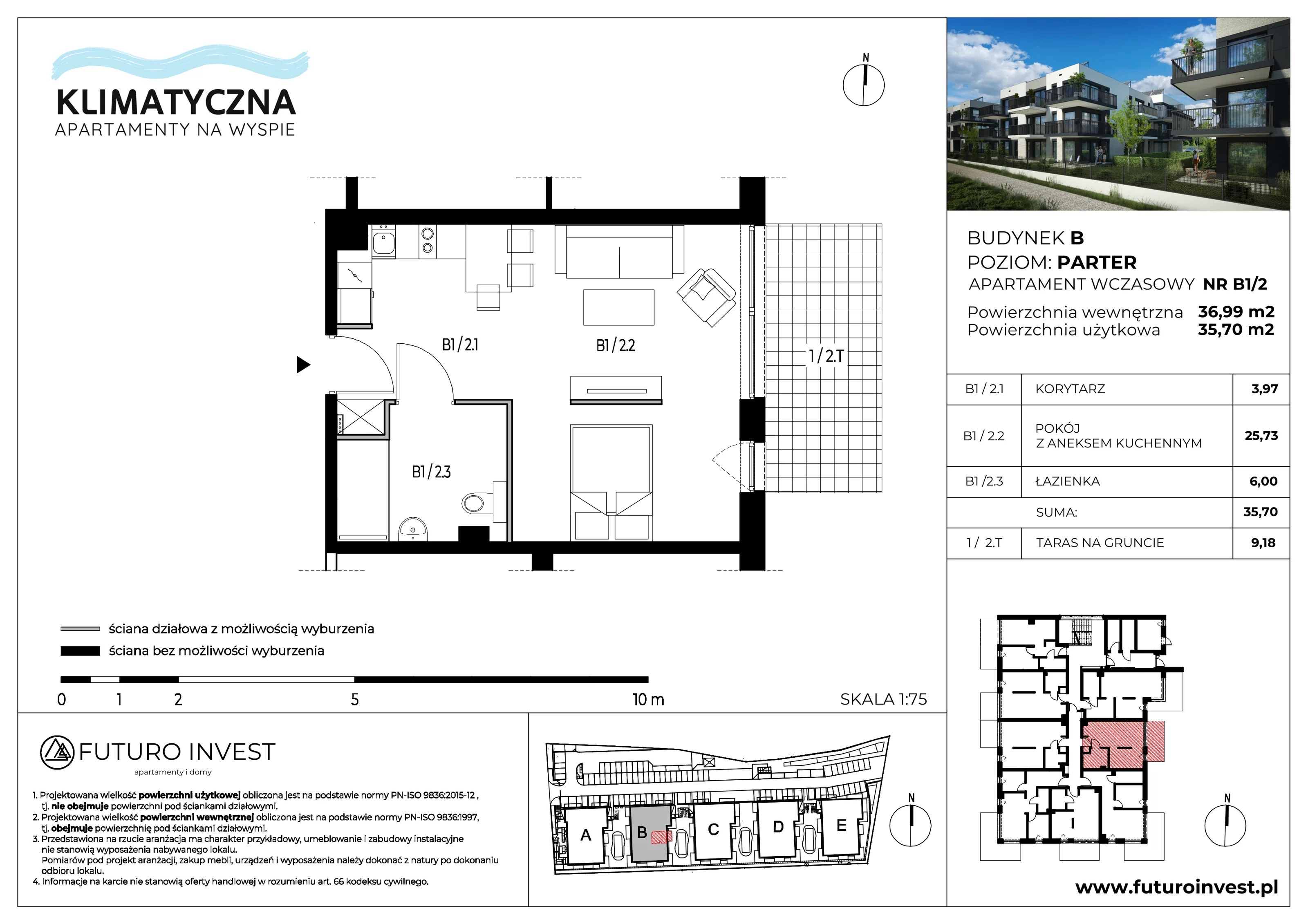2 pokoje, apartament 35,70 m², parter, oferta nr B1/2, Apartamenty Klimatyczna, Gdańsk, Wyspa Sobieszewska, ul. Klimatyczna 88